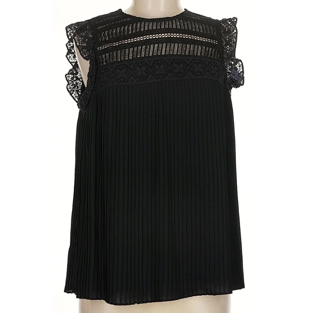 NWT REBECCA MINKOFF Black Sleeveless Lace Pleated Ruffle Detail Top Size Medium